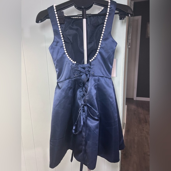 Navy Blue Mini Dress with White Pearl Accents - Picture 3 of 7